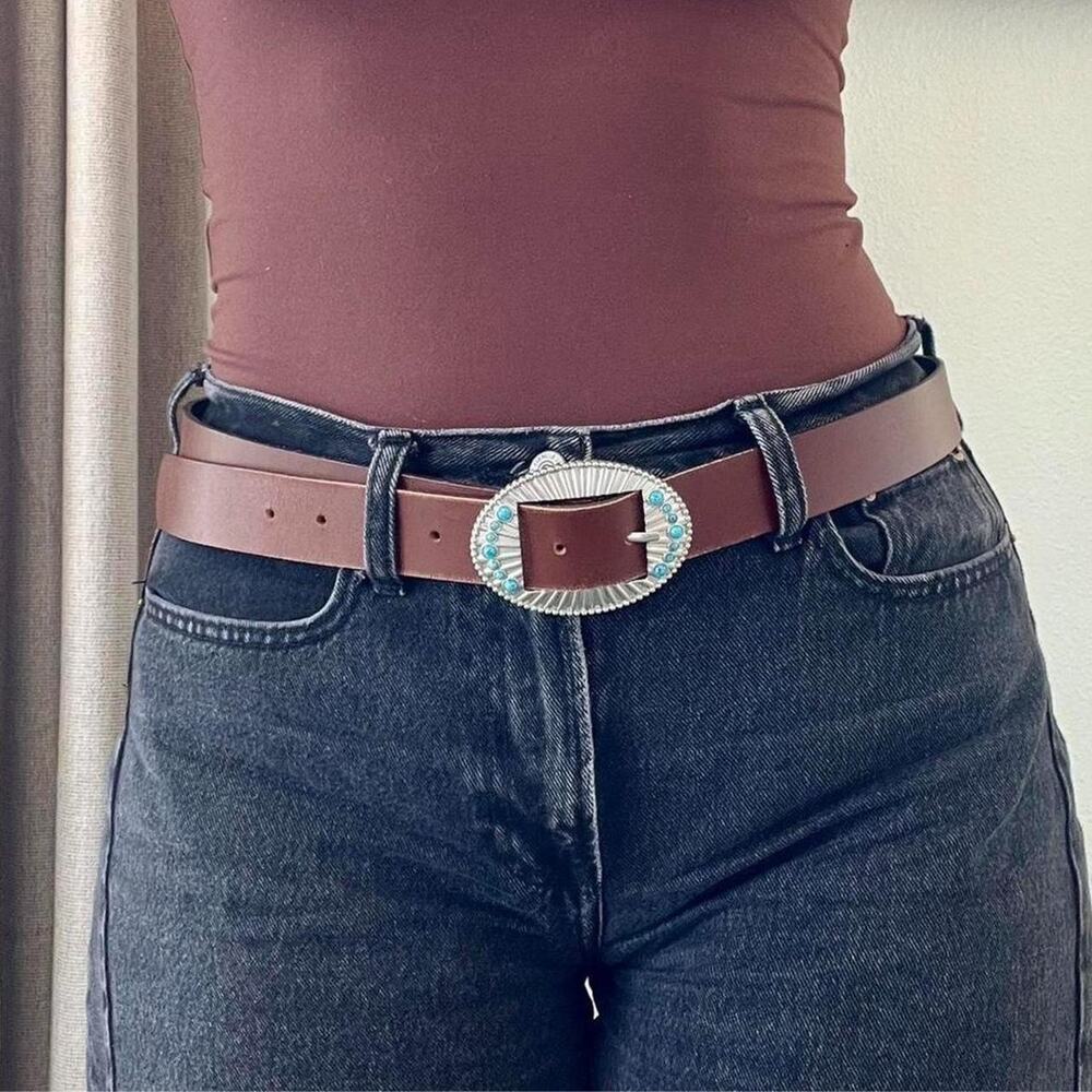 Treasure & Bond Brown Leather Western Belt Turquoise Oval Buckle Women's XL